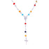 The Rosary Multicolor Crystal Beads Necklace, filled with white gold and adorned with a silver medallion and crucifix, adds a vibrant touch.